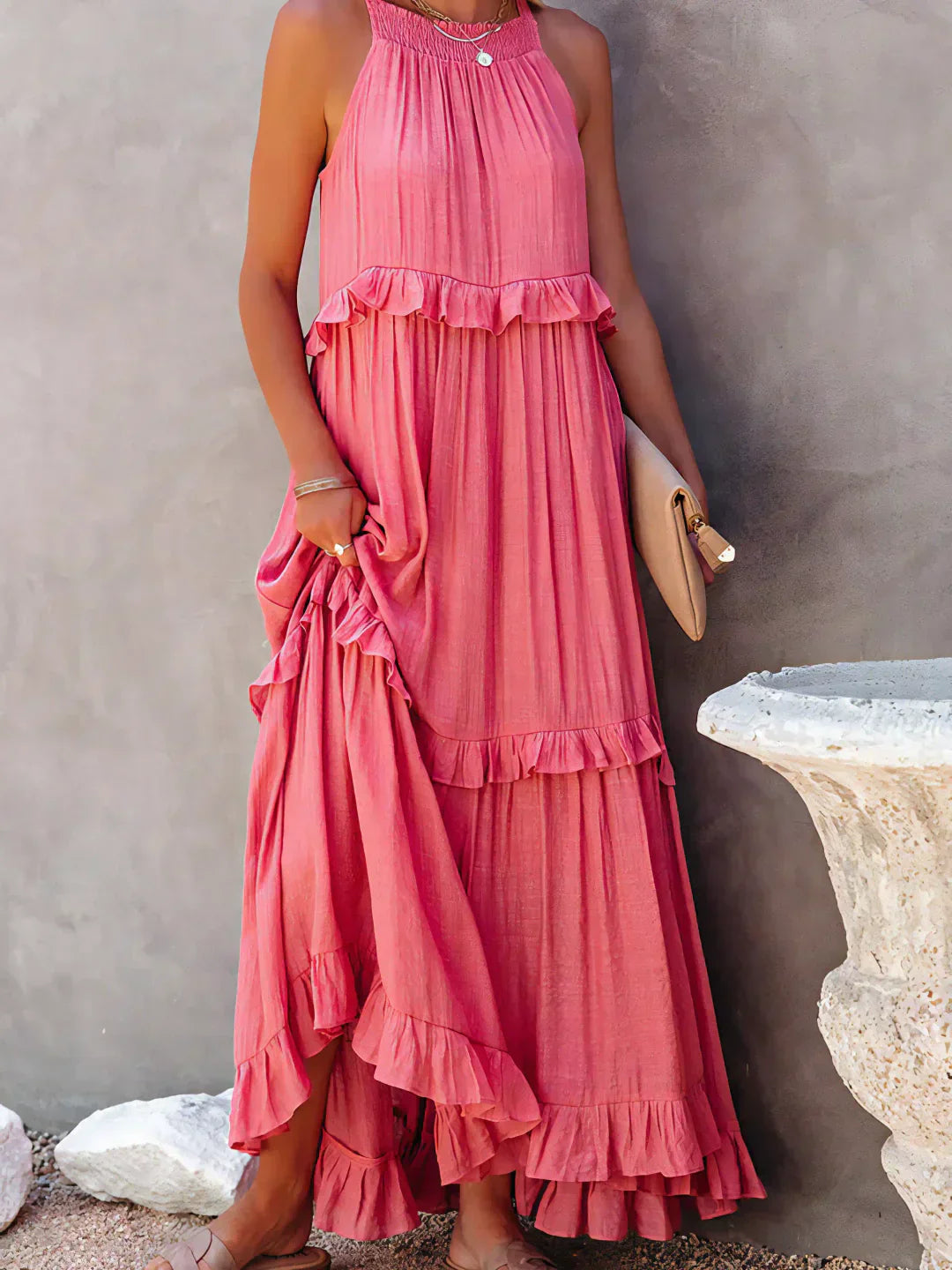 Charlize™ - Sunshine Breeze Halter Ruffle Maxi Dress met Zakken