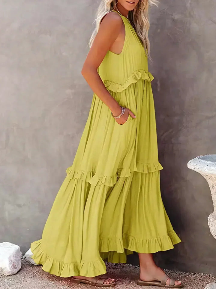 Charlize™ - Sunshine Breeze Halter Ruffle Maxi Dress met Zakken