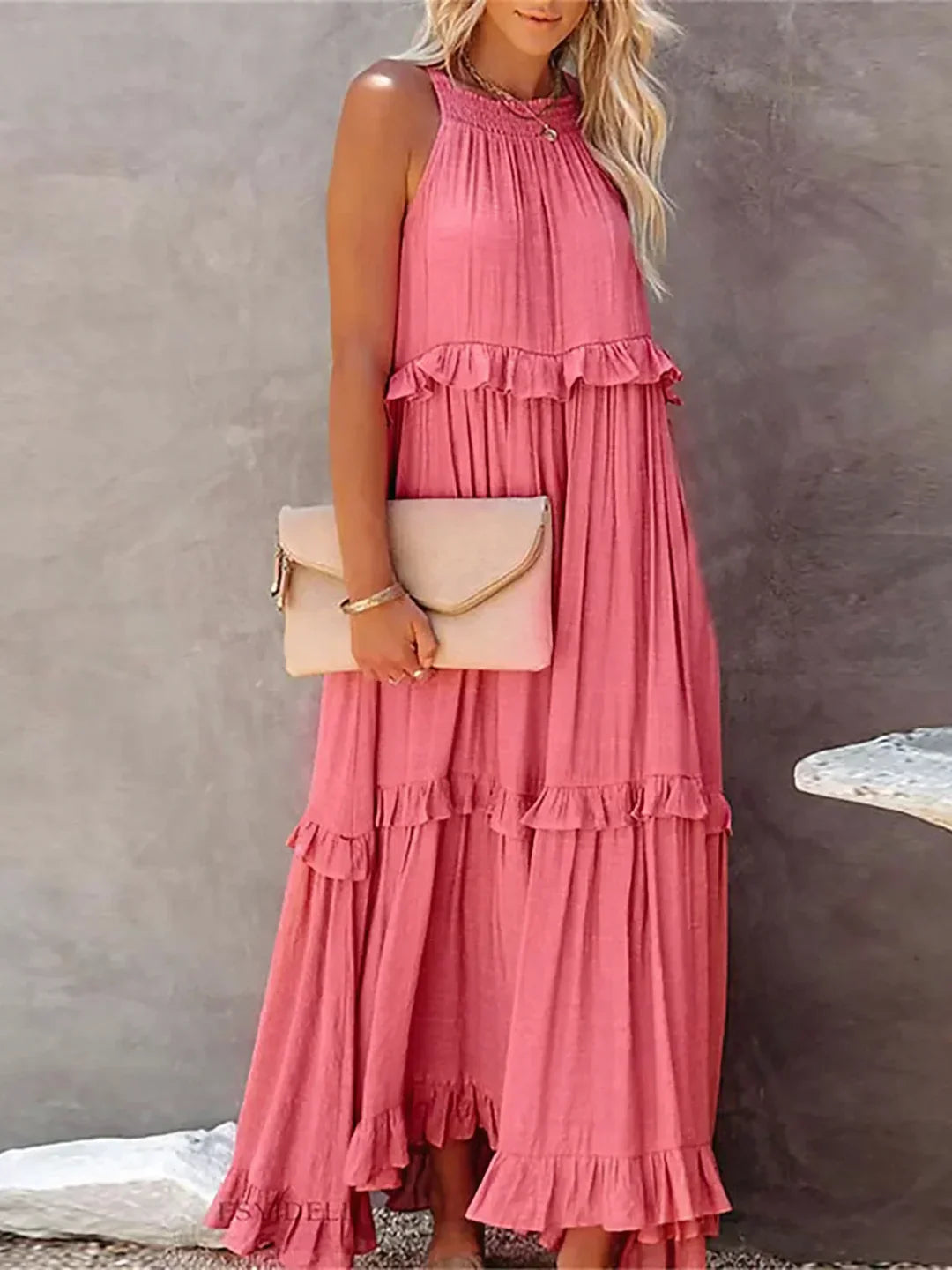 Charlize™ - Sunshine Breeze Halter Ruffle Maxi Dress met Zakken