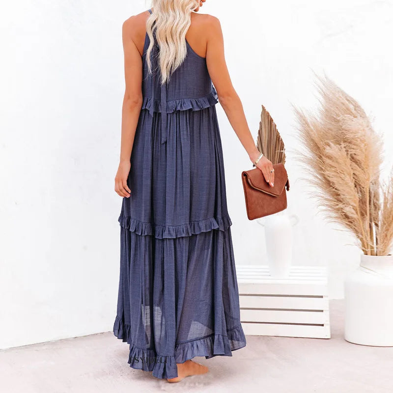 Charlize™ - Sunshine Breeze Halter Ruffle Maxi Dress met Zakken