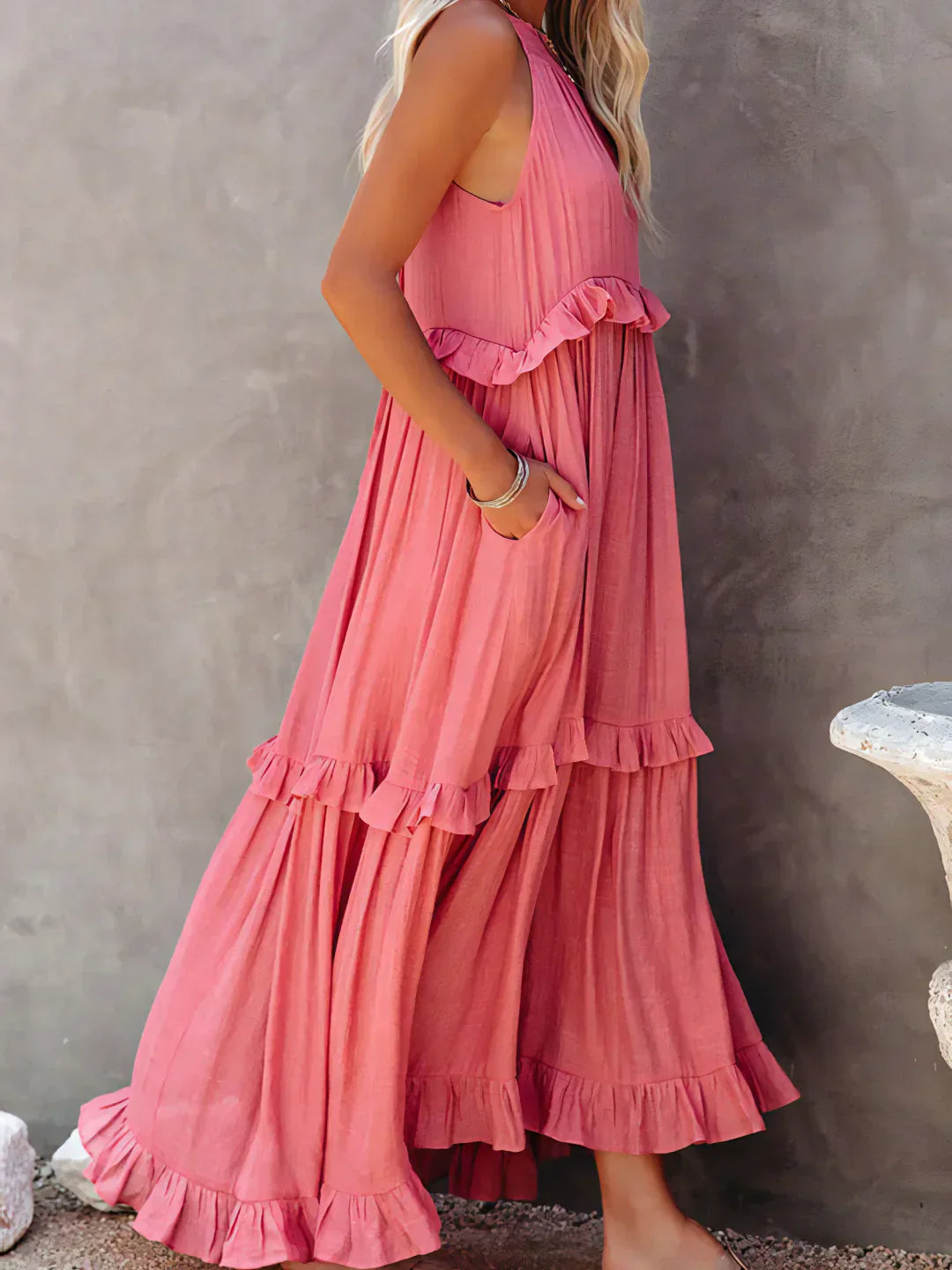 Charlize™ - Sunshine Breeze Halter Ruffle Maxi Dress met Zakken