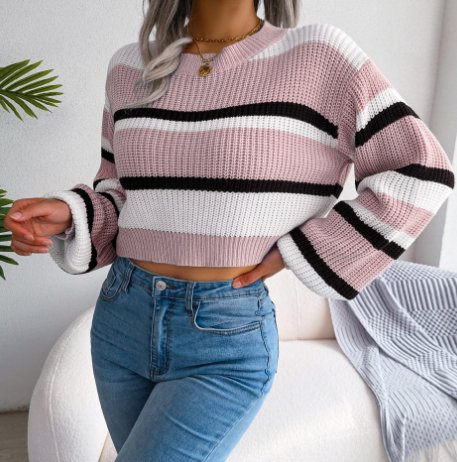 Cropped Striped Knit Sweater