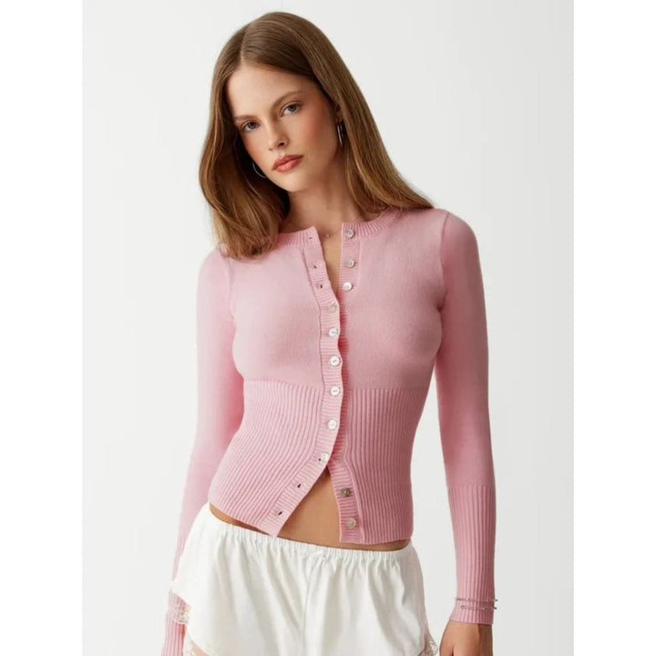 Fitted Pink Ribbed Cardigan