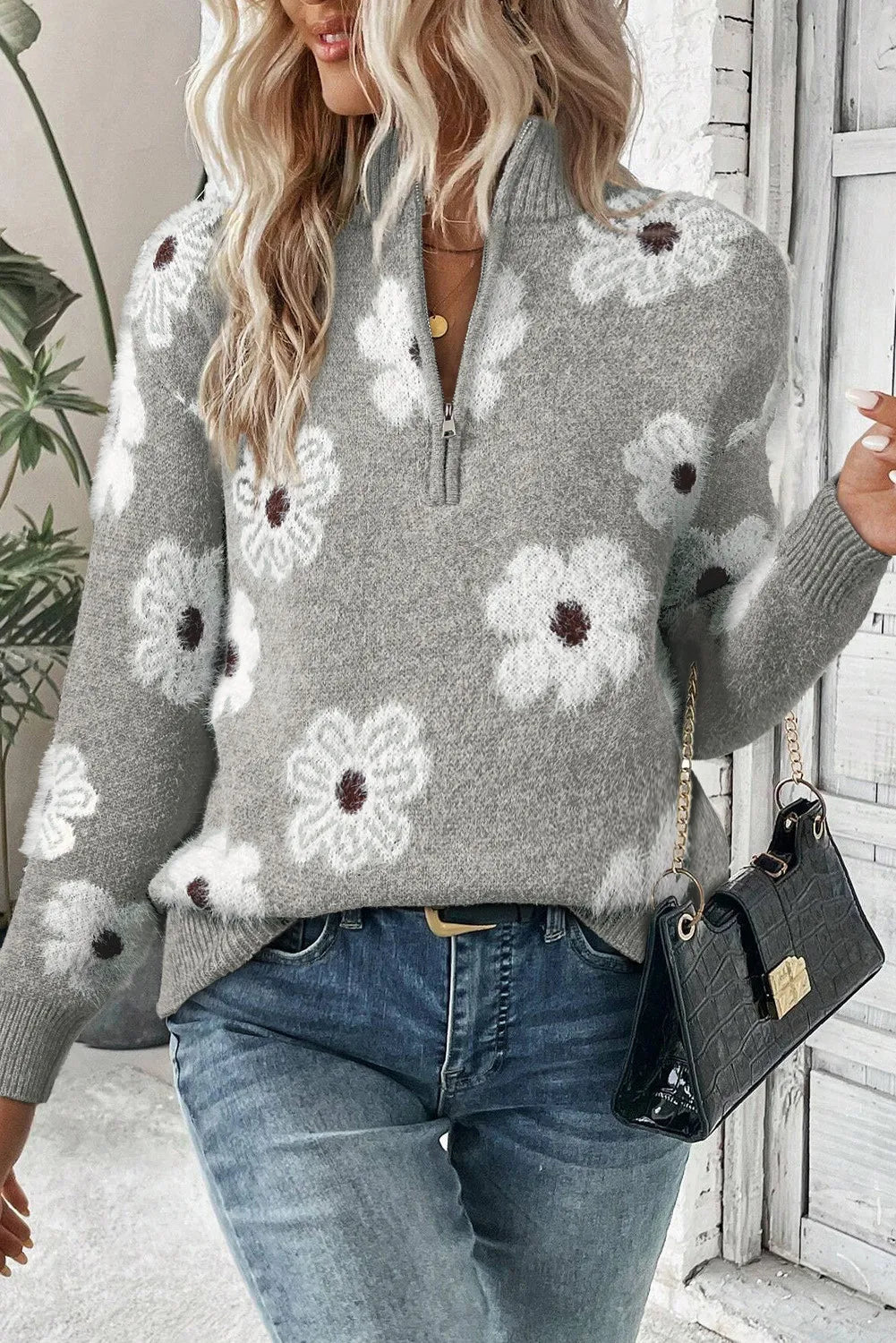 Floral Half-Zip Sweater